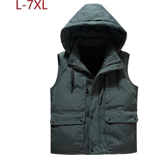 Winter Vest Plus Large Size 7xl Hat Detachable Men Multi Pockets Waistcoat Thicken Parka Unloading Sleeveless Jacket Travel Vest