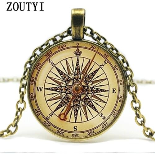 2018/ new old compass glass pendant retro compass jewelry Colar Nautical gift travel couple long compass necklace
