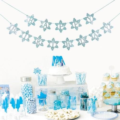 Glitter Blue Silver Snowflake Happy Birthday Bunting Banner Garland Winter Wonderland Christmas Decorations Kids Birthday Party