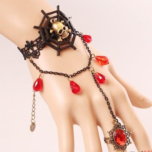 Gothic Punk Sexy Black Lace Bracelets Hollow Spider Web Adjustable Wristband Skeleton Tassel Link Cuff Bangle Lady Party Jewelry