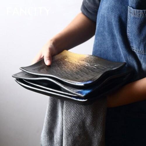 FANCITY Retro Japanese Irregular Features Ceramic Plate Creative Dishes Sushi Dishes Sashimi Dishes Household