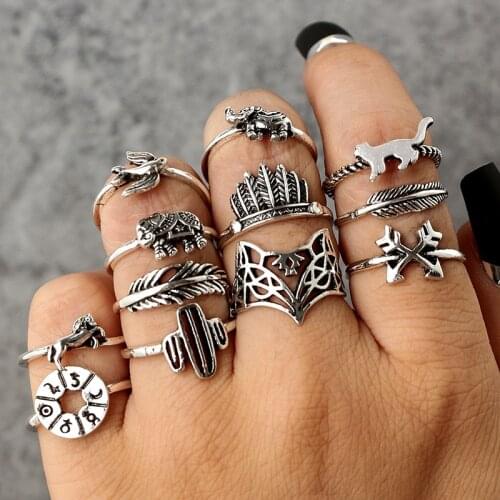 Docona 12pcs/set Vintage Elephant Leaves Alloy Rings for Women Gothic Arrow Joint Midi Metal Ring Set Jewelry Anillos 4676