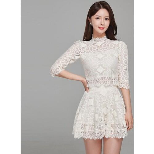 Summer Dresses Lace 2 Pieces Set White Tops Bandage Bodycon Mini Aline Skirt Sexy Party Office Ladies Korean Women Dress Clothes
