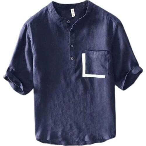 Linen Summer Shirt Men Patchwork Casual Three Quarter Sleeve Tshirt Top Tee Linens Stand Collar T Shirt Male Clothing 2021