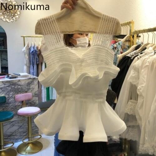 Nomikuma New Lace Patchwork Mesh Slim Wiast Ruffle Tanks Top Korean Sleeveless Women Camis 2021 Summer Fashion Sling Tops 6H229