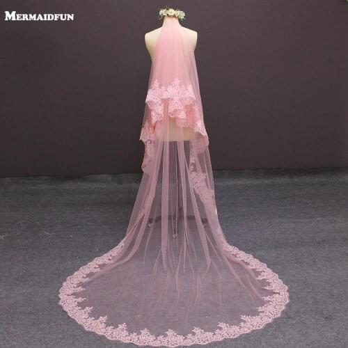 New Real Photos Two Layers Lace Edge Cover Face Pink Tulle Wedding Veil with Blusher 2 T Bridal Veil Wedding Accessories