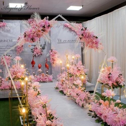 New wedding backdrop scene layout road guide cornor flower arrangement hanging artificial flower row wall decor arch flower ball