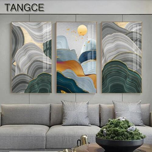 Modern Golden Green Painting Fashion Mountain Sun Annual Ring Poster Print Big Wall Art Pic for Entrance Abstract 3D Canvas Art