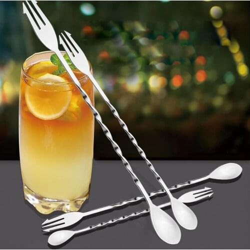 Spiral Long Handle Cocktail Drink Mixer Coffee Stirring Double-ended Stainless Steel Cocktail Fork Spoon Durable Bar Tool