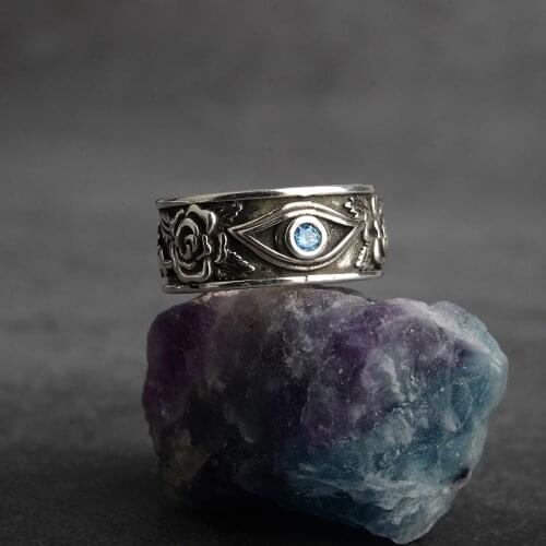 Vintage Eye of Horus Egypt Protection Blue Crystal Silver Color Men Ring Abalone Scarab Woodland Charm Jewelry Drop Shipping