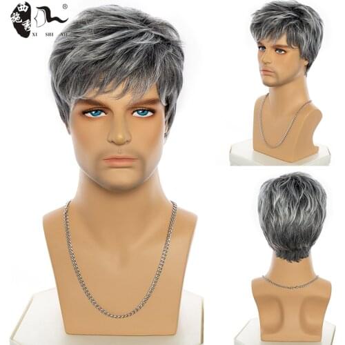 XISHIXIU HAIR Yong Men Short Straight Wig Ombre Grey Synthetic Wig White for Male Hair Fleeciness Realistic Natural Headgear
