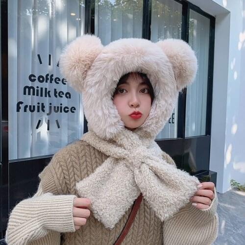 Female Hat 2021 New Wild Winter Warm Round Face Big Face Thinner Hat Scarf One Sweet And Cute Kawaii Bear Ears Plush Ball Matte