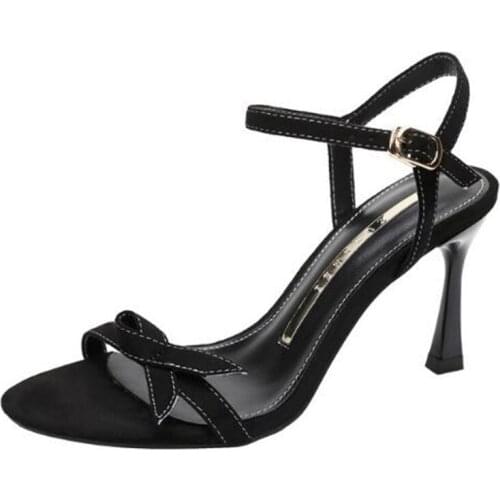 Women sandals Flock Buckle Strap 8CM Thin Heels High heels Round Toe Shallow women shoes sandalias mujer 2020 size 35-42 black