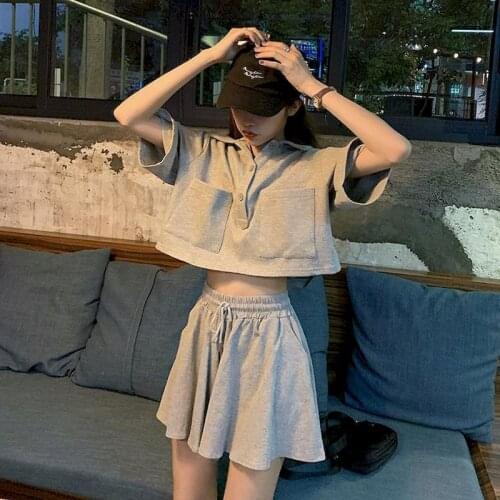 2021 Summer New Womens Suits Polo Collar Suits Tooling Fashion Loose Wild Short Sleeve T-shirt Wide-leg Culottes Two Piece Sets