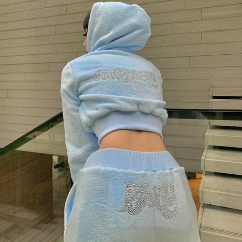 Womens Tracksuit Fleece Rhinestone zip up Hooded Two Piece Set Oversized Hoodies Jogger Pants Sets Female 2021 Sportswear Suit