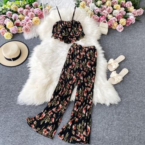 2021 Summer Fashion Women Camisole Top Chiffon Shirt Pleated Wide Leg Pants Two Piece Set Floral Printed Casual Clothing Sets