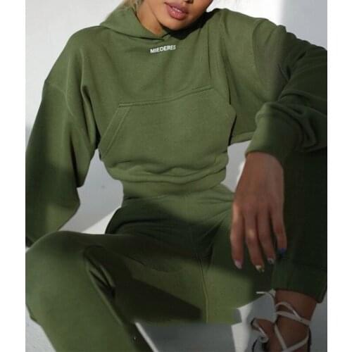 Casual Letter Print Women Fleece Two Piece Sets Fashion Female Sportwear Suit Cropped Pullover Sweatshirt And Pencil Pant Outfit