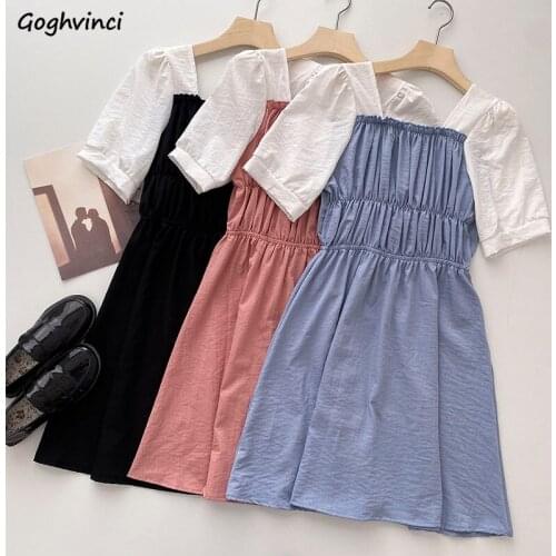Patchwork Square Collar Dress Women Slim Stretch Pleated Short Sleeve Preppy Style Vestido Students Leisure Streetwear Sweet Ins