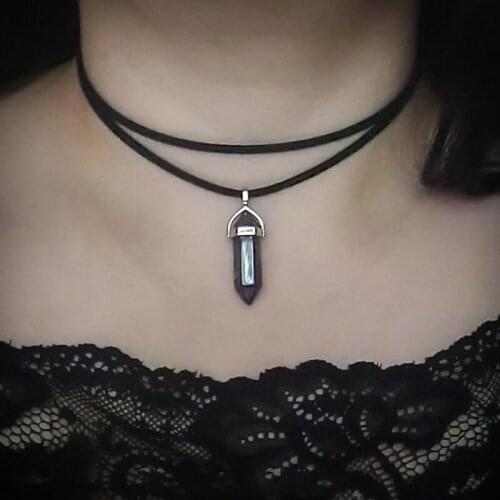 Double Choker with Hexagonal Column Crystal Pillar Necklace , Crystal Double Wrap Choker, Wrap Choker, Black Chain with Pendant