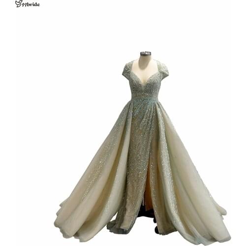 YYbride Newest Light Green Color Cap Sleeves Mermaid Skirt With Big Train Crystals Beading Customized Work Sexy Evening Dresses