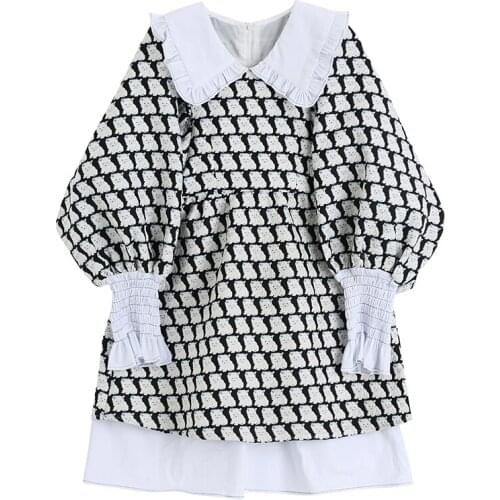 Vintage Cat Jacquard Dress Female 2021 Spring Fashion Lapel Trumpet Sleeve Cute Chic High Waist Mini Dress Women