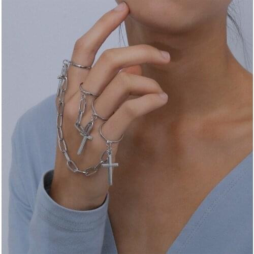 3 Pcs/Set Punk Cross Knuckle Rings with Link Chain Tassel Finger Ring for Women Men Teens Girls Jewelry