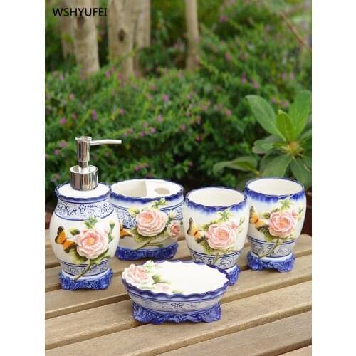 5Pcs blue and white rose bathroom accessories soap bottle / toothbrush holder / mouth cup / soap dish decoration Christmas gift