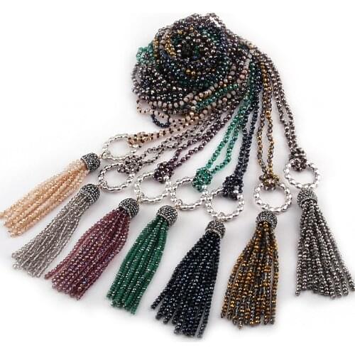 Free Shipping Fashion 4mm Mini Glass Knotted Crystal Tassel Necklaces 16 color available
