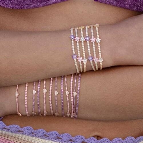 High quality Thin Tennis Cz chain pastel colorful daisy flower charm elegance women bracelet necklace jewelry set