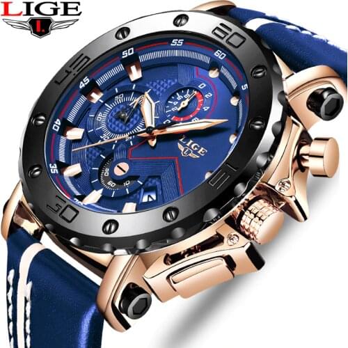 Relogio Masculino 2019 LIGE blue Leather Mens Watches Top Luxury Sport Watch men Stainless Steel Case Multifunction Quartz Clock