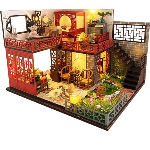 Chinese Ancient Loft DIY Wooden DollHouse Miniature with Furniture Light Plant Assemble Casa Toys for Children Adult Gifts