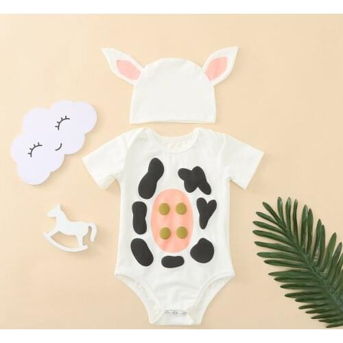 Baby Bodysuit Infant Baby Boys Girls Short Sleeve Cartoon Dairy Cow Romper Bodysuit+hat Set Summer Bodysuit Clothes Outfits