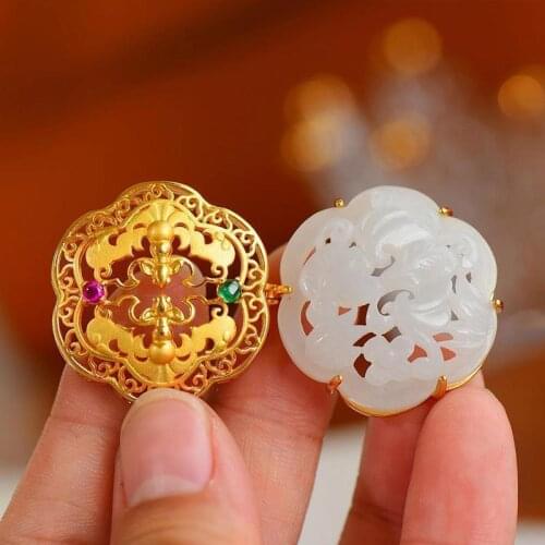 Ancient S925 Sterling Silver Craft Natural Hetian White Jade Exquisite Perfume Bag Pendant Sterling Silver Gold Plated Bat Neck