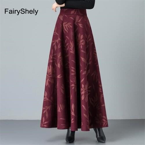 Fairyshely 2020 High Waist Pleated Skirt Women Retro Woolen Floral Print Maxi Skirt Female Korean Black Long Skirt Plus Size