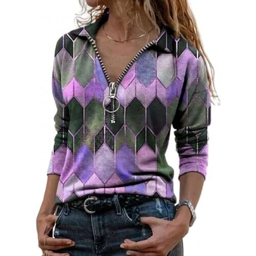 Spring T-Shirts Women Retro Long Sleeve Zipper V Neck T-shirt Geometric Hexagon Print Autumn Top Streetwear футболка XXXL