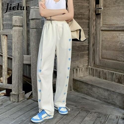 Jielur Heart Embroidered Casual Student Sports Pants Loose Elastic Waist Black White Grey Trousers for Women Korean Style Pant