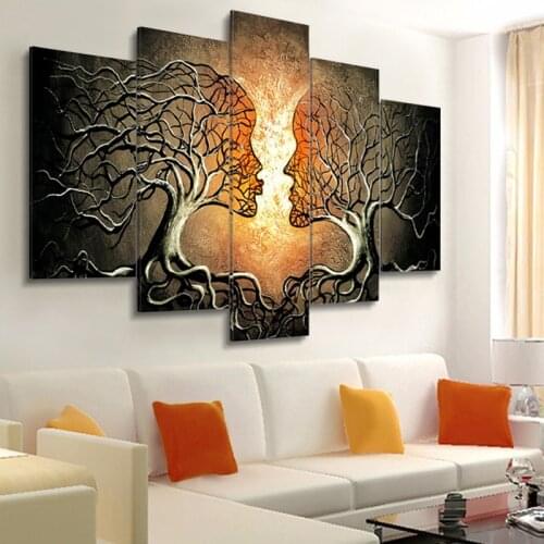 Modern Wall Art Canvas Painting 5 Pieces Abstract Kiss Tree Posters and Prints Wall Pictures for Living Room Bedroom Decoration