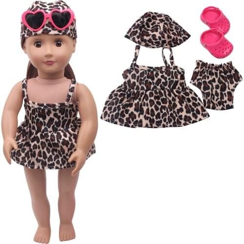18 Inch American Doll Girls Leopard Print Swimsuit + Glasses + Cap Newborn Baby Toys Accessories Fit 43 Cm Boy Dolls c333