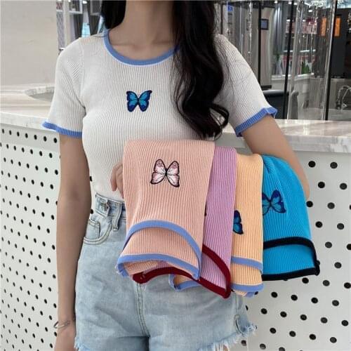 Fashion round neck top 2021 Korean version of the butterfly print short-sleeved all-match color base shirt short sweater