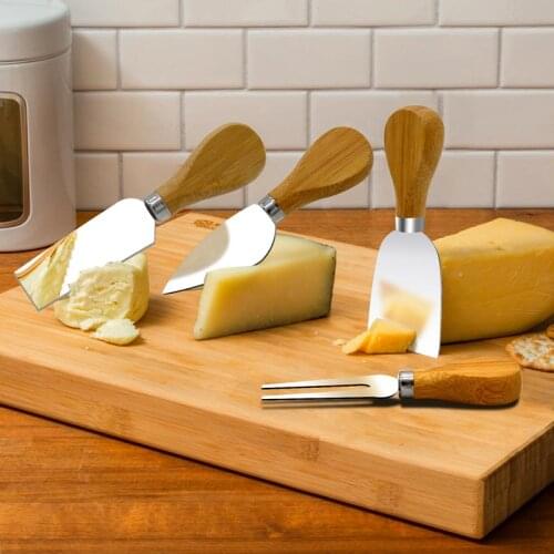 4 Cheese Knives Set Cheese Cutlery Steel Stainless Cheese Slicer Cutter Wood Handle Mini Knife,Butter Knife,Spatula& ForK