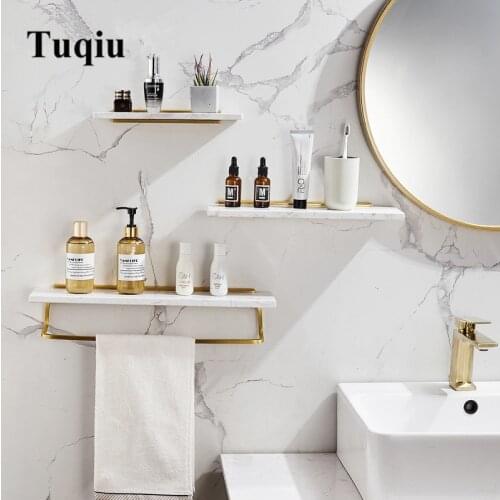Tuqiu Bathroom Shelf Wall Mounted Or Nail Free Bath Shower Shelf Brushed Gold Marble Bath Shampoo Holder Rack Basket Holder