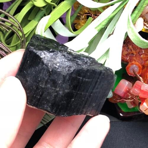 Natural pure black tourmaline mineral block home decoration