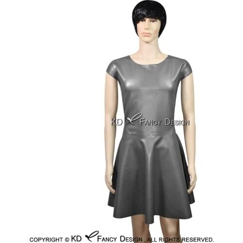 Metallic Pewter Sexy Latex Dress With Round Collar Short Sleeves Zipper At Back Rubber Dress Bodycon Playsuit LYQ-0070
