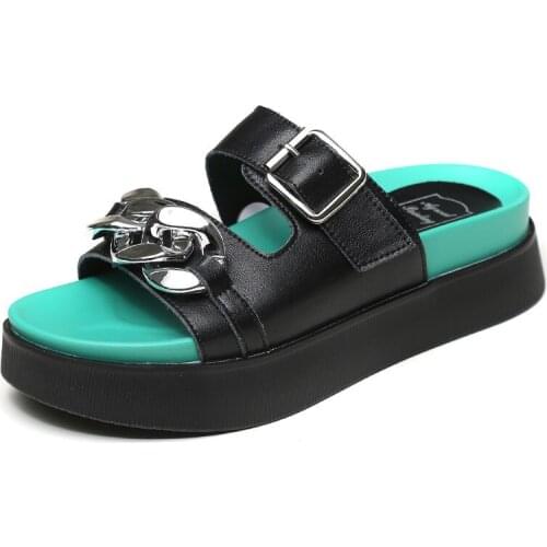 Brand Design Summer Women Slippers Outside Non-slip Genuine Leather Flat Platform Slip on Slippers Female Casual Slides Mujer