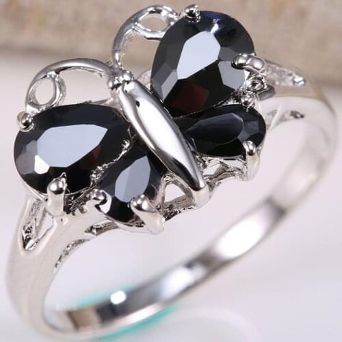 Modyle New Korean Trendy Silver Color AAA CZ Stone Black Crystal Butterfly Rings for Women Girls Party Jewelry