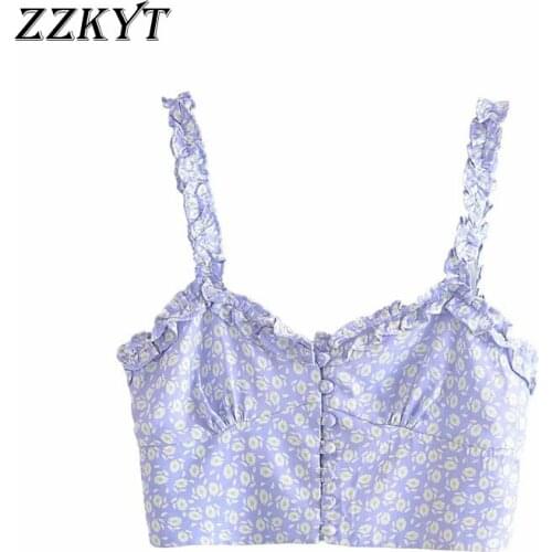 ZZKYT 2021 Women Summer Fashion Floral Print Button Tank Tops Vintage Sleeveless Ruffles Back Elasticity Female Casual Tops