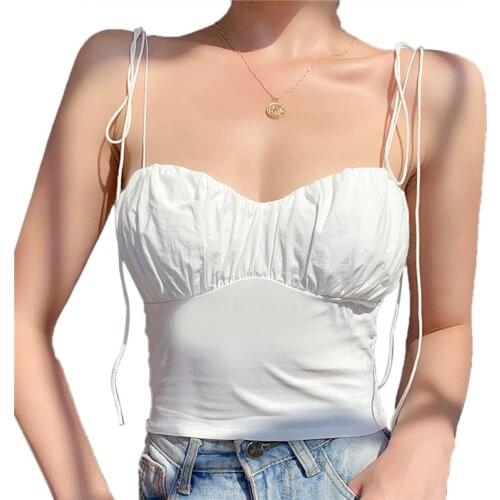 Women Ruched White Tank Top Sleeveless Summer Crop Top Sling Lace Up Tops Sexy V Neck Off Shoulder Tanks Femme Ropa Mujer