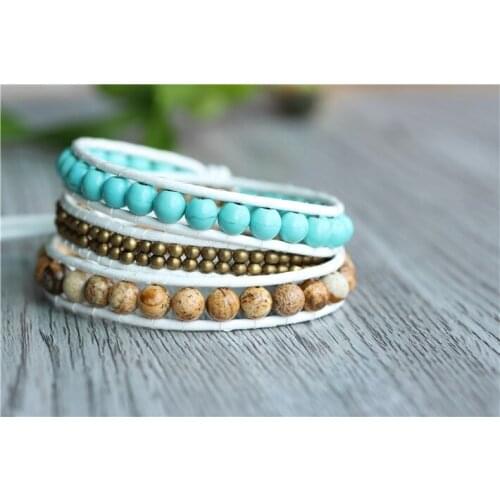 Triple Natural Stone Strand Bracelet,Copper ,Natural Stone On White Leather Strand Bracelet Handmade Jewelry