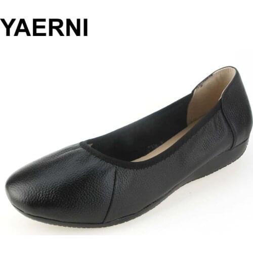 YAERNI Fashion Genuine Leather Ballet Flat Shoes Woman Pointed Toe Plus Solid Shallow Soft Office Work Pregnant Shoes Woman