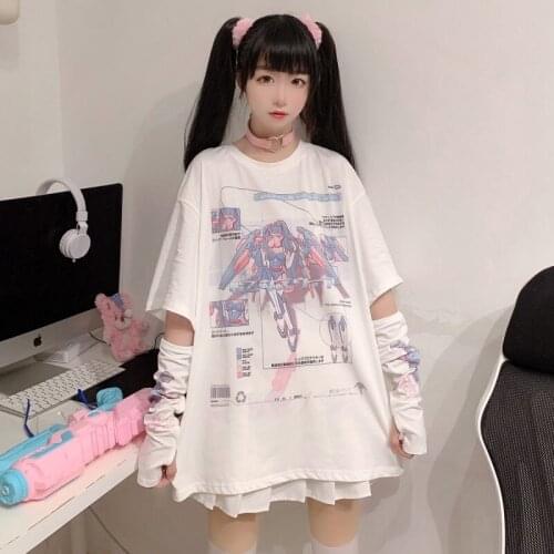 2021 Summer Anime Punk Girl Kawaii Print Short-Sleeve Women T-Shirt Harajuku Fashion White T-Shirt Oversized Loose Tee Tops Y2k